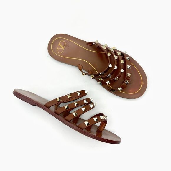 VALENTINO Rockstud Flair Cage Brown Leather Sandal Size 38 Flip Flop Studded - Picture 1 of 12